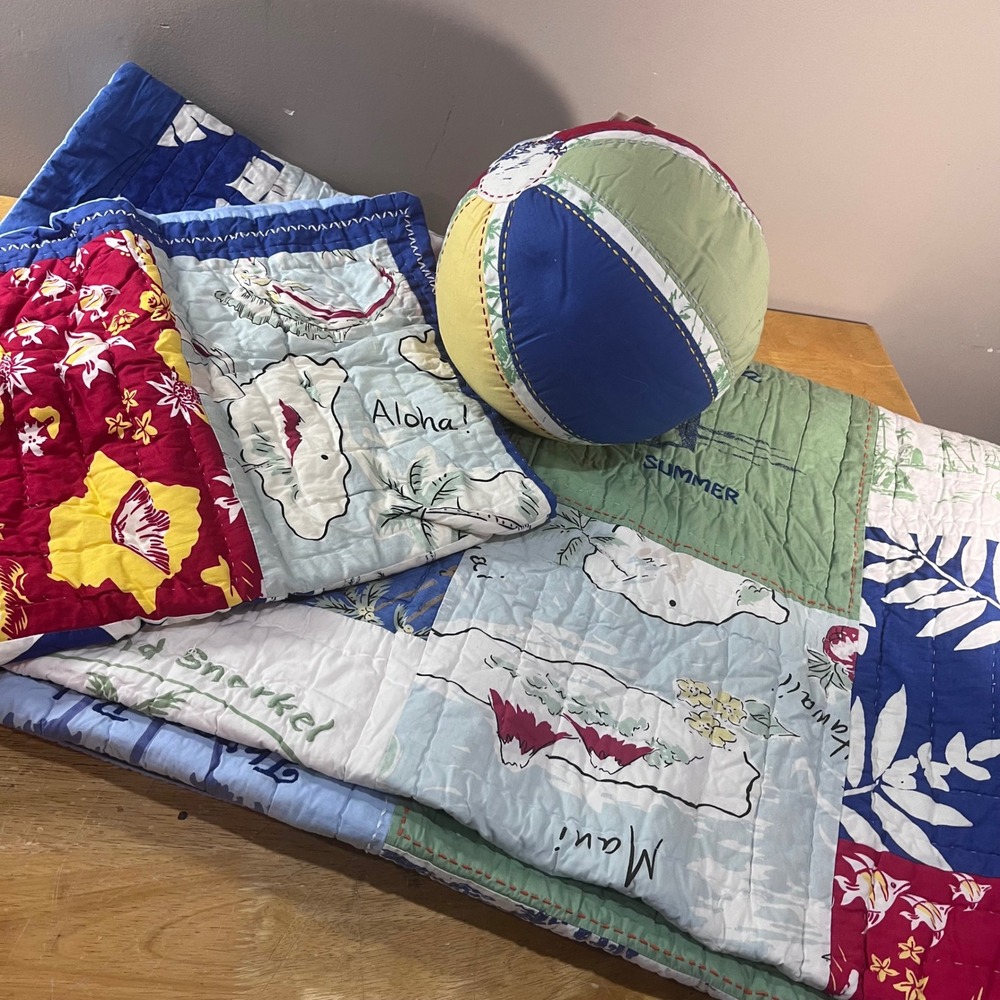 Pottery Barn Kids Vtg Hawaiian Surf Patchwork Twin Quilt Sham & Ball Pillow Set